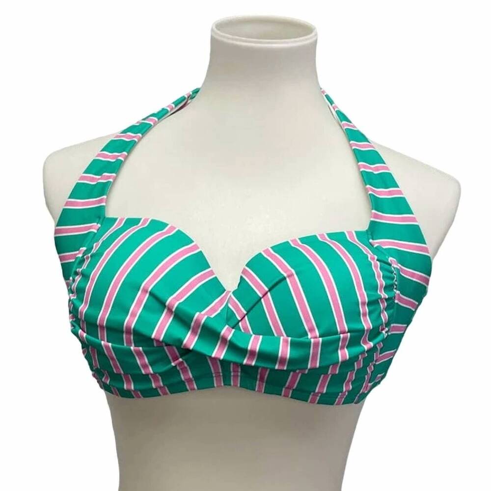 NEW DRAPER JAMES women's striped neck back tie halter swim top in opal green
